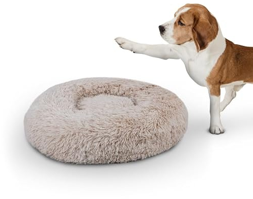 Bestlivings Haustierbett Fluffy Ø50cm (Beige) L - Hundekissen rund flauschig, Öko-Tex, rutschfest und waschbar - Hundebett Katzenbett Hunde & Katzen