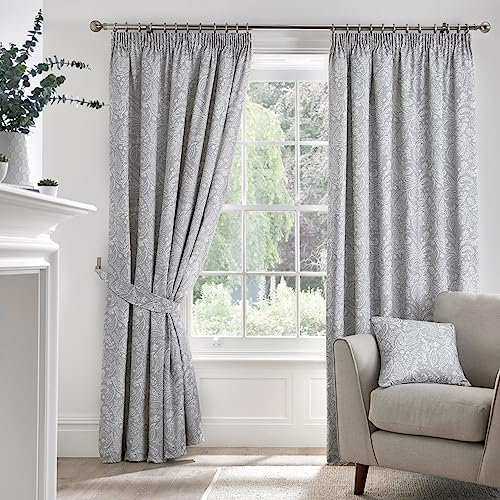 Dreams & Drapes - Grey Jacobean Curtains W90 x L90 (229 x 229cm) - 2 Panels - 100% Cotton - 2 Tie Backs - Floral Pencil Pleat Drapes - Vintage Light Grey