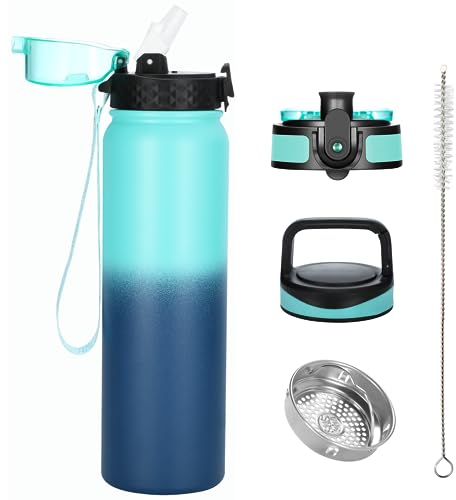OLDLEY Edelstahl Trinkflasche mit Strohhalm 1L Isolierte flasche mit 3 Deckel Große Thermosflasche 1 Litre Auslaufsicher Halten Heiß Kalt für Sport Gym Camping Fahrrad (Grün Blau, 3 Deckel)