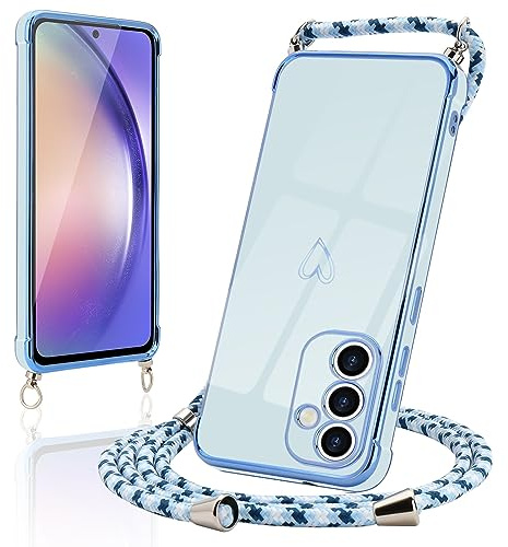 Micoden Handykette für Samsung Galaxy A54 5G Hülle mit Band Herz | Necklace Handyhülle Kameraschutz Herz Love Design Slim Galvanik Silikon TPU Case Kordel zum Umhängen Schutzhülle, Blau