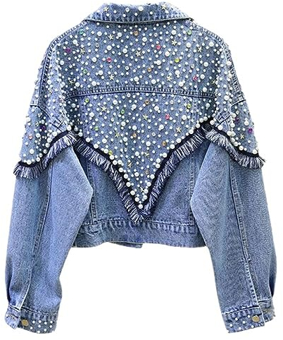 Jeansjacke Damen,Damen Jeansjacke Von Heavy Industry Mit Nieten Und Perlen Quaste Ausgewaschene Jeans Shacket Distressed Denim Trucker Abgeschnittener Cardigan Mantel Western Outwear Für Mädchen Her
