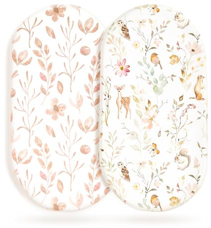GRSSDER Dehnbares, ultraweiches Spannbetttuch für Stubenwagen, universelle Passform Babywiege, Babykorb, ovale rechteckige Matratze, sicher und anschmiegsam, schönes Blush Pink mit Blumen