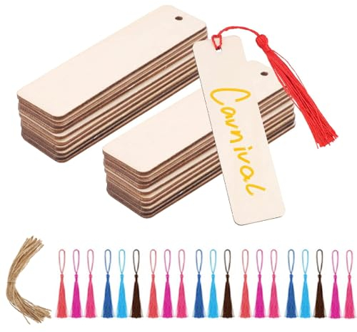 Tadipri Lesezeichen Holz 60 Stück Blanko Lesezeichen Set mit Löchern Seilen und Bunten Quasten Werkzeug Zubehör für DIY Handwerk