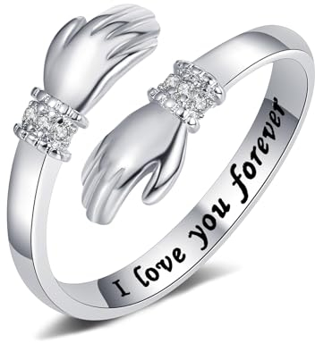 Yifnny Umarmungsring, Verlobungsring Gravierte Worte Umarmung Hände Offener Ring Verstellbar Ring Mutter Geschenk für Männer und Frauen Schmuck (I love you forever)
