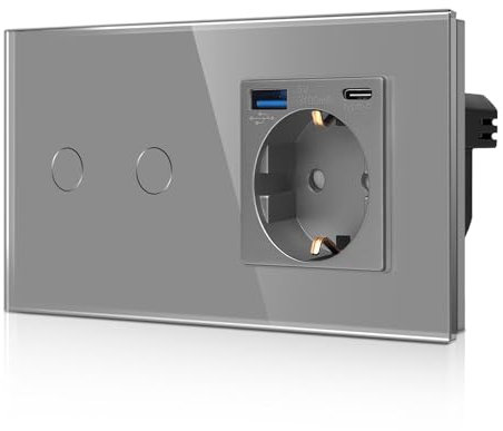CNBINGO Glas Lichtschalter und USB Schuko Steckdose Unterputz (Typ-C und Typ-A 3,1 Amp / 20W Total) – Touch Lichtschalter mit LED Status – 2 Fach Grau