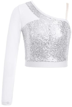 inlzdz Kids Girls Shiny Sequins Dance Crop Tops Long Sleeve One Shoulder T-Shirt Jazz Hip Hop Dance Costume Silver 11-12 Years