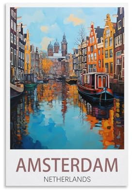 PuPLuM Vintage-Reiseposter, Motiv: Niederlande Amsterdam, 30 x 45 cm, Leinwand, Wandkunst, Poster für Wohnzimmer, Dekoration, Gemälde für Heimdekoration