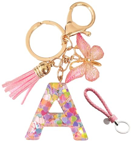 NyxSeat Porte-clés Lettre A en Résine avec Cuir Tressé Rose, Papillon et Cœur à Paillettes, Rose, Taille Unique