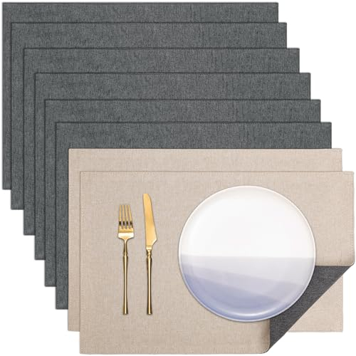 Banchif Platzsets Leinenimitat Tischsets Abwaschbar Tischsets Doppelseitigen Platzsets Stoff Platzdecken maschinenwaschbar 30 x 45 cm (Grau-Beige, Rechteckig Satz von 8)