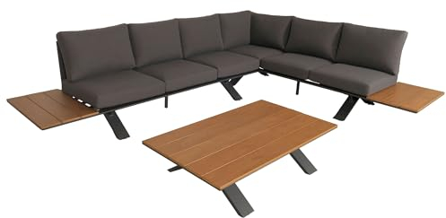 Mendler Aluminium Garten-Garnitur HWC-M62, Sitzgruppe Garten-/Lounge-Set Sofa, Holzoptik - Gestell anthrazit, Polster dunkelgrau