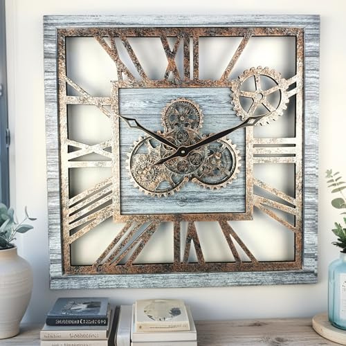 ImprovingLife The Gears Clock - Quadratische Wanduhr, 61 cm, mit echten beweglichen Zahnrädern, Vintage, industriell, übergroß, rustikal, Farmhaus-Stil (Silbergrau)