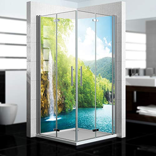dedeco Paroi de douche imperméable - Motif cascade V9 - Vernis UV brillant - 2 x 100 x 210 cm - Pour remplacement du carrelage, mur décoratif, revêtement mural et plateau de douche en aluminium -