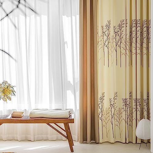 Epinki Gardinen Vorhänge Schlafzimmer Ösen 132x214cm(BxH), Baum Muster Heller Kaffee Vorhänge Kinderzimmer aus Polyester für alle Fenster und Jahreszeiten