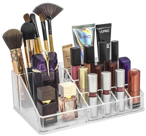 Acrylic Makeup Organiser - Cosmetic Display Case with 16 Sections for Dressing Table, Vanity & Bathroom Counter - Storage Tray for Lipstick, Brushes, Eyeliner, Nail Polish & Perfume - 1 Pack, Clear