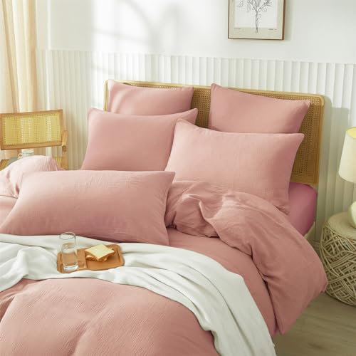 YASMENG Doppelte Muslin Bettwäsche 135x200 Rosa Bettwäsche Muslin 100% Baumwolle Bettwäsche Weich Atmungsaktiv Kuschelige Bettbezug Set 2teilig mit Reißverschluss und 80x80 cm Kissenbezug