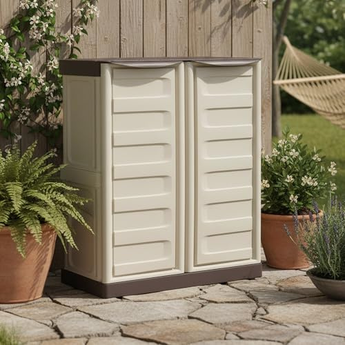 Dmora - Courtrai Outdoor-Garderobe, Mehrzweck-Balkongarderobe, Outdoor-Möbel mit 2 Türen, 100% Made in Italy, Beige und Braun, 70 x 39 x 86 cm, gestreifte Oberfläche