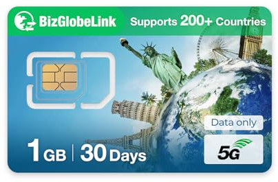 EIOTCLUB BizGlobeLink SIM prepagata da viaggio, scheda SIM dati per uso internazionale in 200 paesi, solo dati, 5G/4G LTE, senza contratto, ricaricabile, per telefoni cellulari, router e tablet