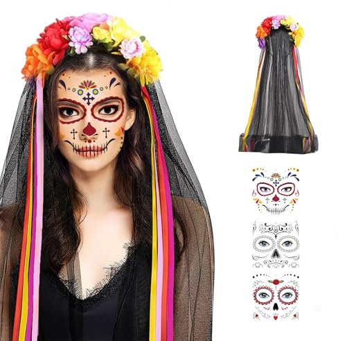 mzoLife Halloween Kostüm Damen Dia De Los Muertos Haarreif, Mexikanische Stirnband Rosen Totenkopf Kopfschmuck Frauen Damen Kostüm Accessoires (Gelb-rot)