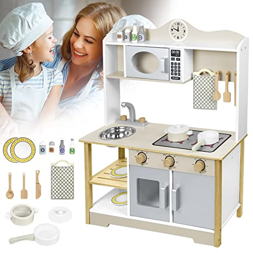 JOIEYOU Spielküche Matschküche Holz Kinderküche, Küchenspielzeug für Kinder Küchenset mit Komplett Zubehör, 65x24x85cm (Typ A)