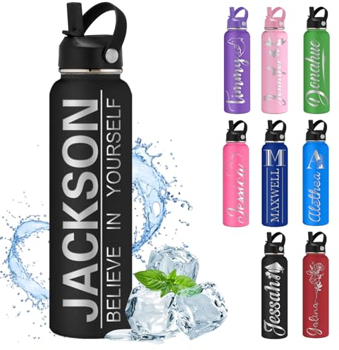 MiNaSii Custom Water Bottle Personalised Water Bottles with Straw Lid Name Engraved Insulated Stainless Steel Bottles for School Customised Double Wall 12 18 24 32 40 oz