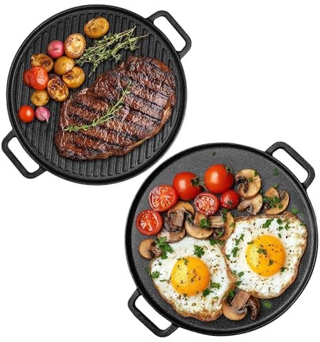 Navaris Doppelseitige Grillpfanne aus Gusseisen - 30cm - Langlebig und hitzebeständig - Grillplatte Induktion - Ideal für Gaskocher, Grill und Ofen - Grillpfanne Gasgrill