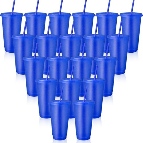 ASMIZ 24 Pcs Blue Plastic Cups with Lids and Straws, 24 oz Reusable Cold Drinks Tumbler Bulk, 710ml Iced Coffee Cup Travel Mug for Smoothie, Juices, Birthdays, Flamingo Party