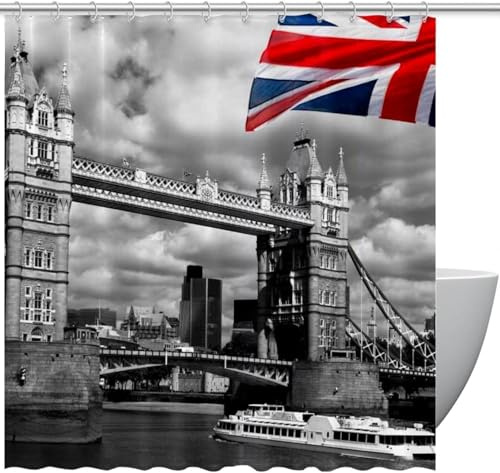 PUOJIEAT Duschvorhang 180x200 London, England, 3D Shower Curtains London, England Duschvorhänge Anti Schimmel Wasserdicht, Badewanne Vorhang Waschbare Badezimmer Vorhänge mit 12 Haken qq6430