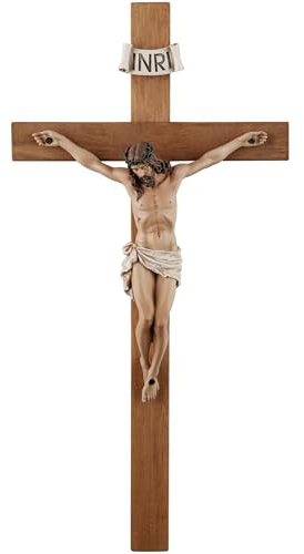 Crucifix Wall Cross - 14 Inch Olive Wood Wall Crucifix, Hand Painted Resin Jesus on Wooden Crucifix Catholic Home Decor Housewarming Religious Gifts