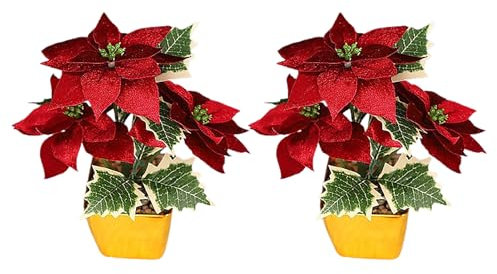 Wnvivi Paquete de 2 Flores de Pascua Navideñas, Flores Artificiales de Pascua en Maceta, Flores de Pascua con Purpurina, Planta en Maceta para Decoración de Bodas de Navidad (A)