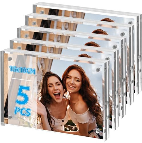 Oungy 5 Stück Acryl Bilderrahmen, Doppelseitige Fotorahmen 10x15 cm Bilderrahmen Magnetisch, Transparent Rahmenloser Bilderrahmene, Magnet Bilderrahmene im Hoch-Oder Querformat für Fotos, Collage