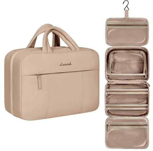 LOVEVOOK Kulturbeutel Damen, Kulturtasche zum aufhängen, Waschtasche Kosmetiktasche mit 4 Fächer, Reisetasche Make Up Bag für Shampoo Reise-Toilettenartikel Set Cosmetic Hautpflegeprodukt, Khaki