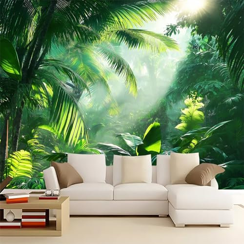 Fototapete 3D Art Mauer VliesTapete Grün Moderne Wandtapete Sonnige Tropische Blätter Wandtapete Deko Wand 400 x 280 cm Geeignet Wohnzimmer Schlafzimmer Wohnung Wandbilder
