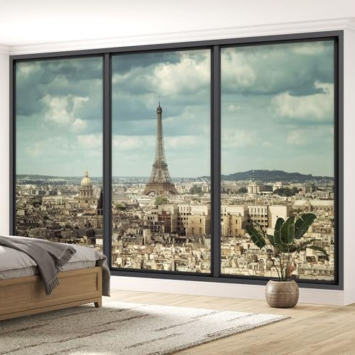 Papier peint panoramique Trompe l'oeil baie vitrée - Paris tour eiffel - Largeur 195 cm x Hauteur 117 cm