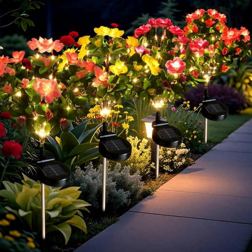 AMARS 4 Pack Solar Garden Lights Outdoor Decor, Waterproof Solar Powered Warm White Lights with Colorful Artificial Azalea Flowers for Yard, Pathway, Patio, Porch, Lawn Decorations
