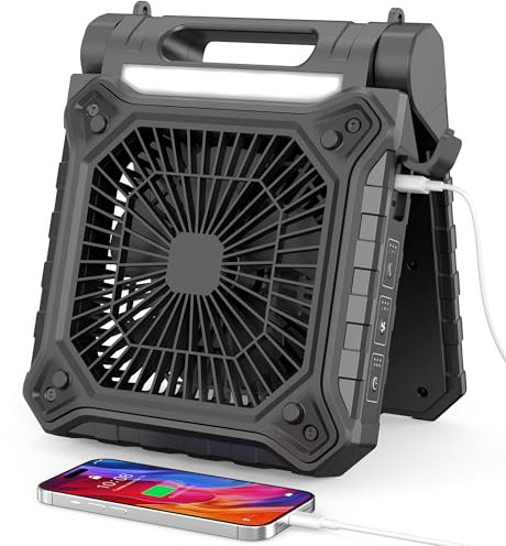 10 inch Solar Fan for Camping - Portable Rechargeable Fan with Adjustable Solar Panel, 3 Powerful Speed & Timer, Battery Operated Fan with LED Light for Outdoor Travel Tent RV Hurricane （5000mAh）