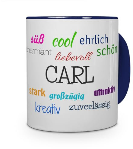 printplanet Tasse mit Namen Carl - Positive Eigenschaften von Carl - Namenstasse, Kaffeebecher, Mug, Becher, Kaffeetasse - Farbe Blau