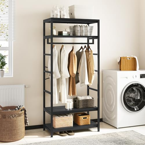 YITAHOME Kleiderständer, Garderobenständer mit Kleiderstange, Schwarz | Garderobe mit 4 Ablagen und Schuhablage, Metallrahmen, für Flur