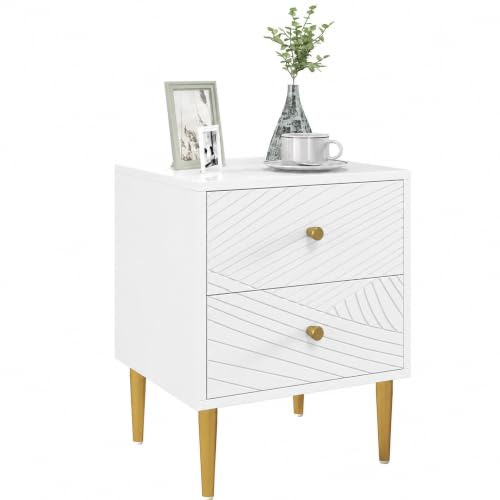 HOMCOM Table de Chevet avec 2 Tiroirs Pieds en Acier 40 x 35 x 50 cm Blanc | Table de Nuit, Poignées Dorés, pour Chambre à Coucher, Salon