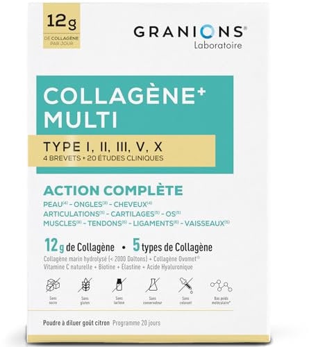 GRANIONS - COLLAGENE MULTI - Collagene Marin Poudre - Action 10 en 1-5 Types de Collagene - Collagene Marin + Vitamine C - 20 études cliniques - Collagene Goût Citron - Collagene Poudre 260 g