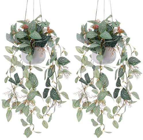 Funzhan 2pcs Fake Hanging Plant with Pot Small Artificial Hanging Potted Plants Indoor Decor Faux Greenery Hanging Vines Wall Decor for Bedroom Shelf Outdoor Garden Decoration