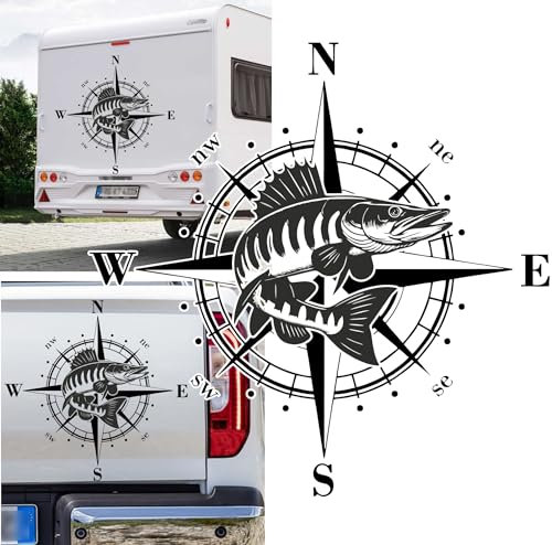 Kompass Hecht Angeln Fischen Angelsport Zander Aufkleber Sticker Größe&Farbe wählbar Anhänger Wohnmobil Caravan Autoaufkleber Sticker Kompassrose Windrose Camper Decal
