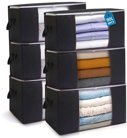 Boic 6 Stück Groß Aufbewahrungsbox Mit Deckel, 90L Aufbewahrungstasche Für Bettdecken, Faltbare Kleiderschrank Organizer Umzugskartons Für Bettdecken Kleidung Aufbewahrung (Schwarz)