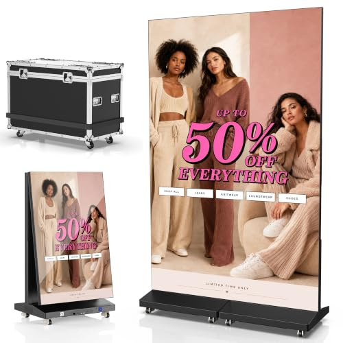 JASZDOT 80 P1.86 Spleißbarer LED Display, Faltbarer Posterbildschirm mit Digitales Werbedisplay Kundenstopper mit USB/HDMI/WLAN/Fernbedienung (Schwarz, 2 Einheiten & Flightcase)