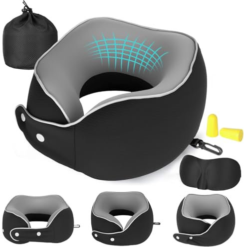 KIMIGO Ergonomisches Neck Pillow aus Memory-Schaum – Anpassbare 360°-Nackenunterstützung,Travel Pillow für Flugzeug/Auto/Zug,waschbarer Plüschbezug,inkl.Tragetasche,2 Ohrstöpsel & Schlafmaske