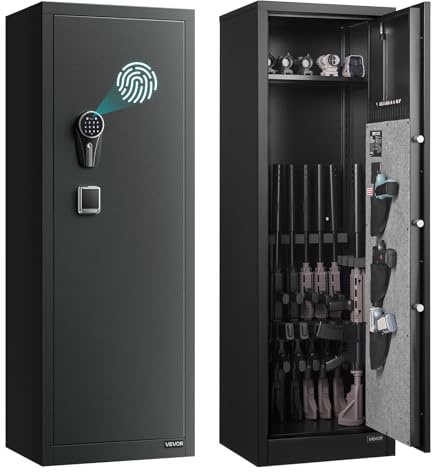 VEVOR Armoire à 8-10 Fusils, Coffre-Fort pour Armes à Feu Verrouillage par Empreinte Digitale et Mot de Passe et Clés, avec 3 Poches pour Pistolets et Supports Réglables, Accès Rapide, pour Domicile