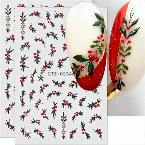 4 Blätter Stechpalmenblätter Nagelsticker Weihnachten Winter Feiertage Holly Nail Sticker 3D Saisonale Weihnachtsblatt Nagel Sticker Xmas Stechpalme Nagelaufkleber Christmas Nagel Zubehör Nail Art