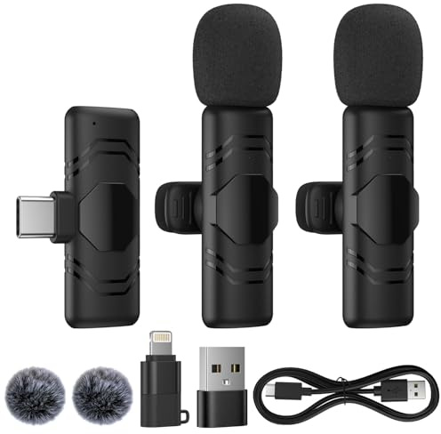 Dresz Microfono Lavalier Wireless per iPhone Android iPad,2 Pack Mini Microfono per la registrazione video, streaming, Podcast, Vlogging, Youtube, Tiktok,Trasmissioni dal Vivo, Interviste