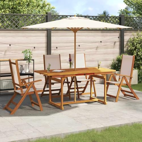 Tonture 5-TLG. Garten-Essgruppe, Massivholz Akazie geölt, Textilene Creme, ausziehbarer Tisch mit Schirmloch, verstellbare Klappstühle, für Terrasse, Balkon, Außenbereich