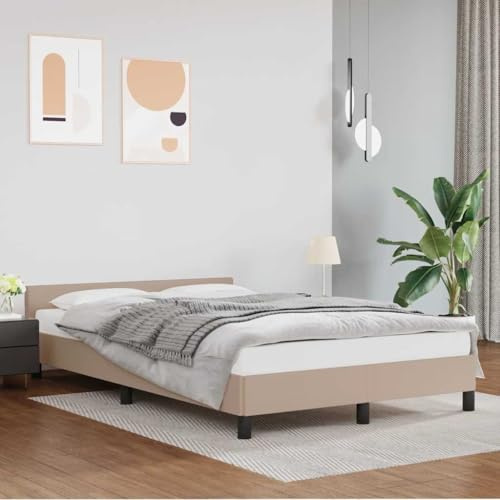 Owoxanthellate Kunstleder Bettgestell mit Kopfteil 140x190 cm Cappuccino Modernes Polsterbett Gestell ohne Matratze 197 x 146 x 50 cm für Schlafzimmer & Gästezimmer
