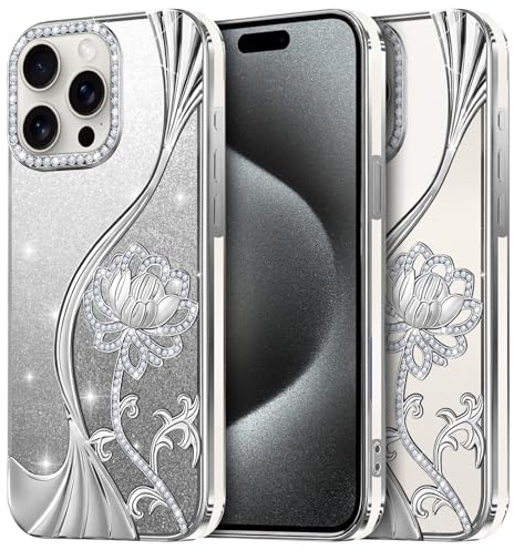 LEVIOSA for iPhone 15 Pro Max Case 6.7 Inch, Glitter Rhinestone Bling Lotus Cover for Women Girls, Soft TPU Shockproof Bumper with 2 Interchangeable Glitter Inserts Silver